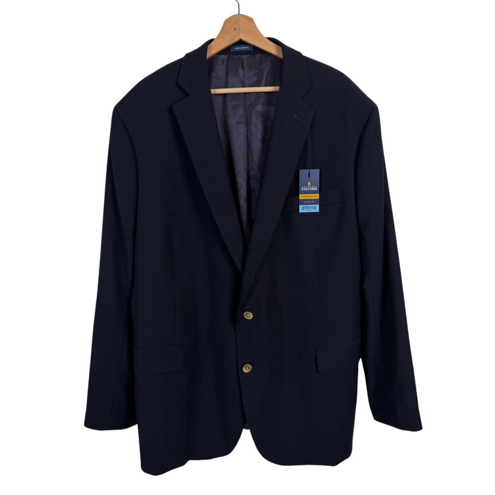 Stafford Hopsack Blazer Mens 50R Dark Navy Wool Blend Gold Buttons Sportcoat